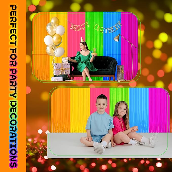 Glow in The Dark Curtains Party Supplies 6.6 x 3.3 Ft Glow Tinsel Foil Fringe Curtains Colorful Patchwork Streamer Backdrop for Birthday Holiday Neon Party Decorations