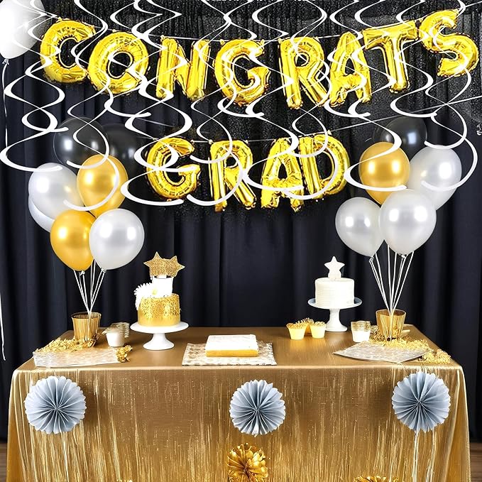 Sliver Ceiling Swirl Foil Decorations Hanging Plastic Streamer Themed Swirl Party for Graduation Celebration, Pack of 28