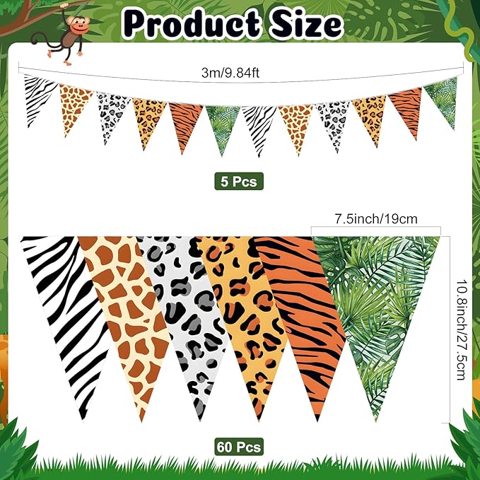 Tiamon 5 Pcs Jungle Zoo Animal Print Decoration Safari Birthday Banner Wild Animal Print Pennant Bunting 49.2 Ft Triangle Flag for Bulletin Board Classroom Decoration Safari Two Wild One Party Supply