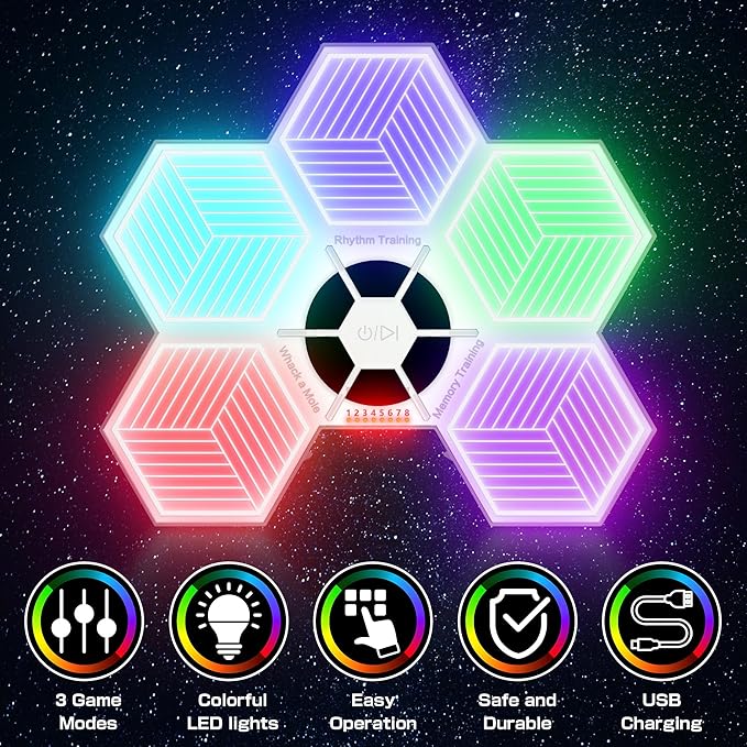 3 In1 Memory Game for Kids - 3 Fun Games and 8 Level Challenges,Whack a Mole Game,Rechargeable Hand-Eye Coordination Training Toys with Lights and Sounds,Screen for Ages 2-5