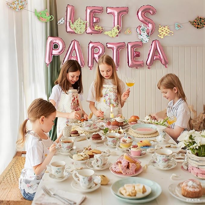 Let's Par Tea Decorations Tea Party Balloons Banner LET'S Par-Tea Foil Balloon Floral Teapots Teacups Balloons Banner Teacup banners for Birthday Baby Shower Wedding Party Supplies