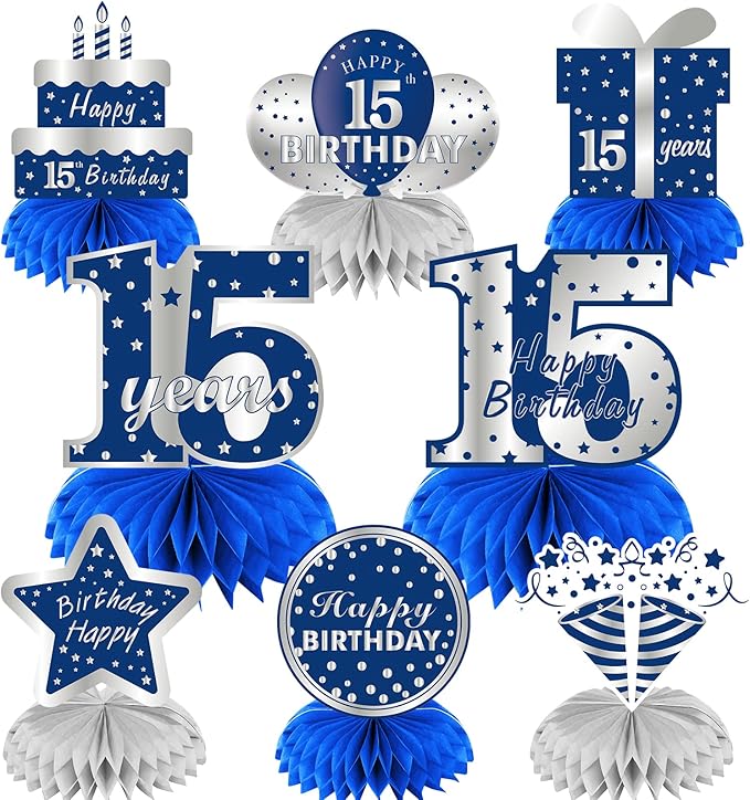 Kauayurk 8Pcs 15th Birthday Honeycomb Centerpieces Decorations for Boys, Blue Silver 15 Year Old Table Centerpiece Party Supplies, Fifteen Topper Decor Sign