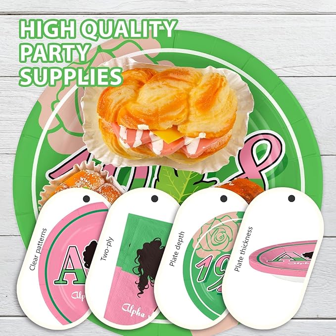 Grencian 96Pcs AKA Party Supplies AKA Plates and Napkins Disposable Hip Hop Style 1908 Pink Green Paper Tableware Set for Women Girls Sorority Birthday Party Decorations, Serves 24