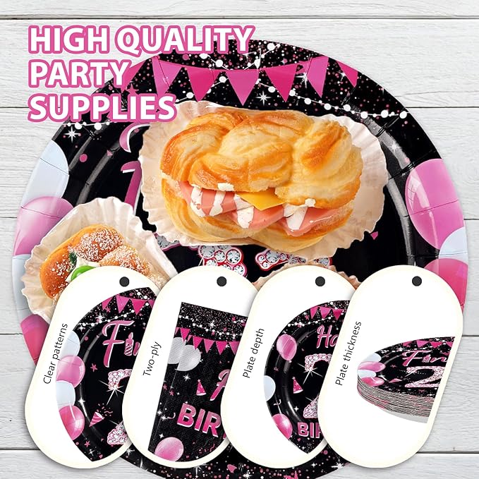 96Pcs 21st Birthday Party Supplies Black and Hot Pink Plates Forks and Napkins Diamond Finally 21 Disposable Paper Tableware Set for Girls 21 Year Old Birthday Party Supplies Serves 24