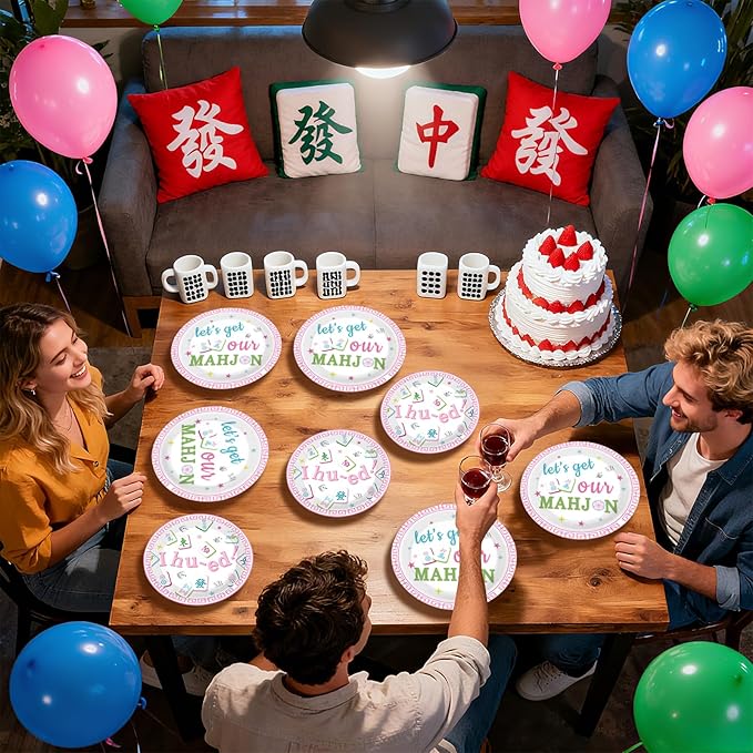 96Pcs Mah-jong Party Supplies Mah Jong Plates and Napkins Mah-jongg Chinese Game Tableware Set for Asian-Themed Gatherings Game Nights Bridal Showers Birthday Party Supplies Serves 24