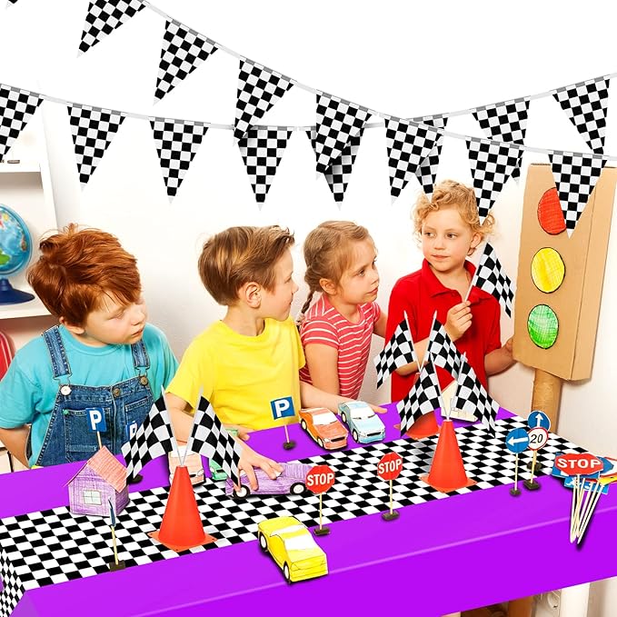 Irenare Car Birthday Party Supplies Racing Decorations 50s Party Tablecloth Racetrack Table Runner Table Covers for Kids Boy Car Theme Birthday Decor, 54 x 108 Inch(Purple,3 Sheets)