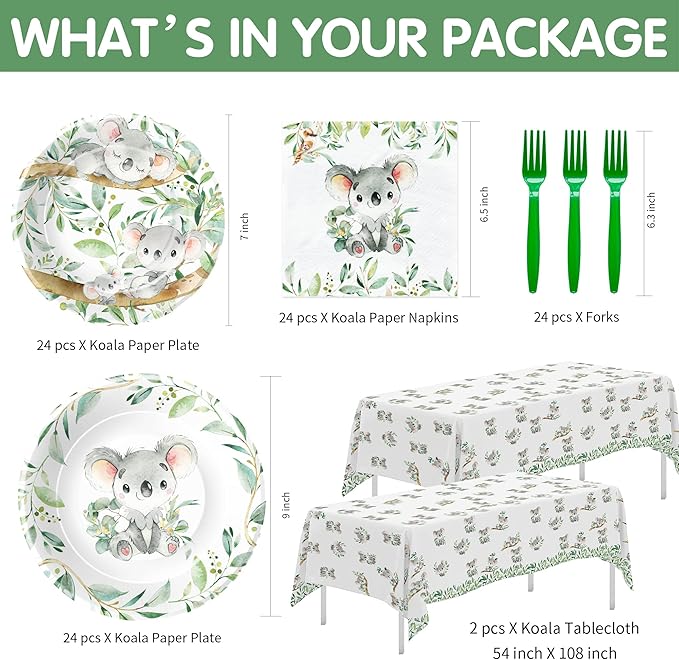 APOWBLS Koala Birthday Party Supplies - Safari Jungle Animal Australian Koala Theme Baby Shower Birthday Decorations Tableware, Paper Plates, Napkins, Tablecloth, Forks | Serves 24
