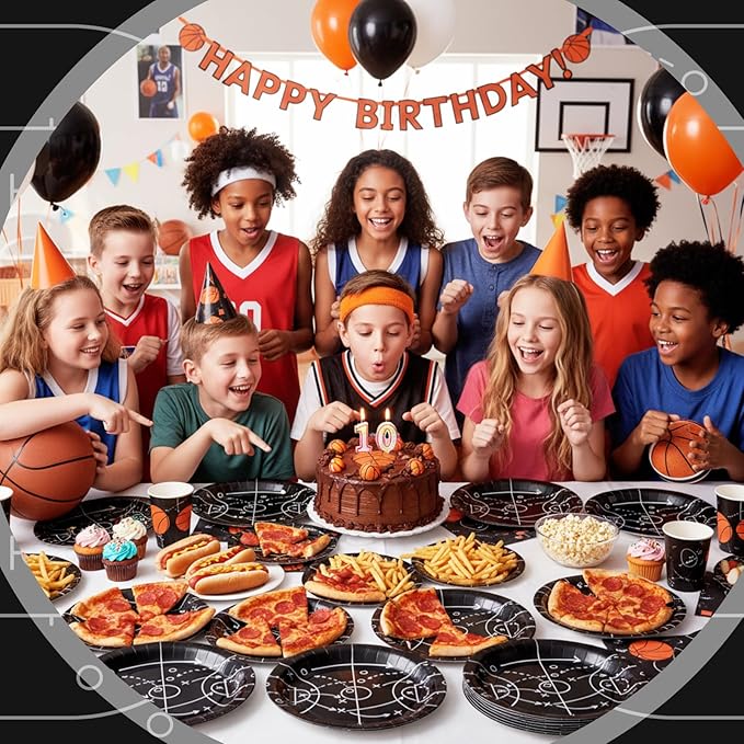 Qinyoung 100 Pcs Basketball Paper Plates 9" Disposable Birthday Party Plates Dinner Dessert Tableware Supplies for Basketball Sports Themed Birthday Game Day Party Decorations, Serves 50(Black)