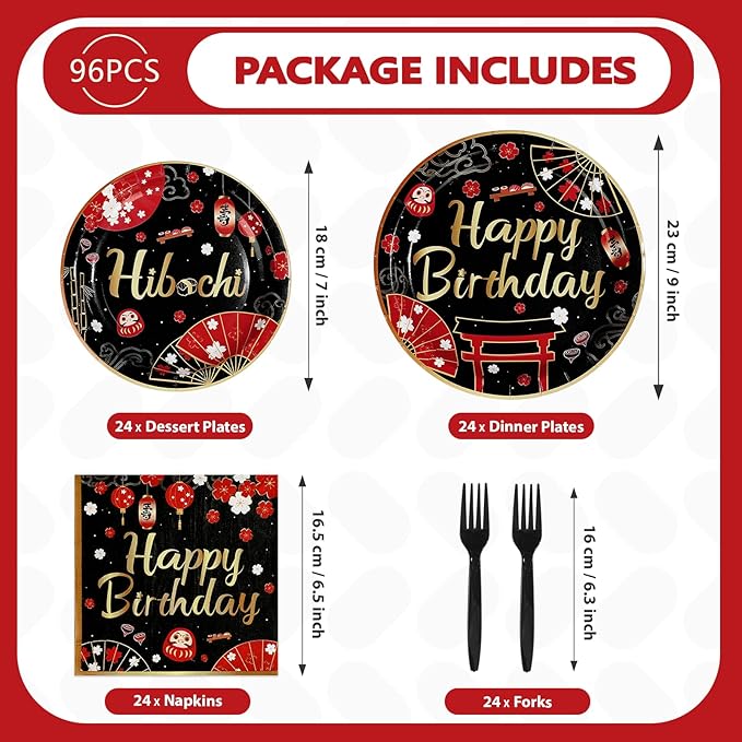 96Pcs Hibachi Birthday Decorations Black Red Japanese Cherry Plates and Napkins Japanese Hibachi Birthday Decorations Favors for Asian Japan Theme Vintage Baby Shower Party Supplies Serves 24