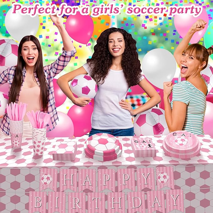 Zhehao 143 Pcs Pink Soccer Birthday Decorations Party Supplies Serves 24 Include Soccer Themed Plate Fork Napkin Cup Banner Balloon Tablecloth for Sports Theme Birthday Party Favor