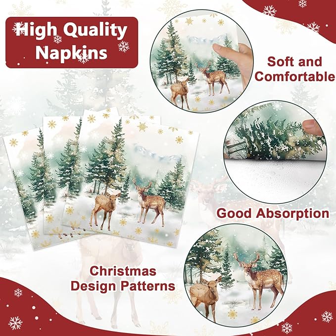 50Pcs Christmas Reindeer Paper Plates and Napkins Watercolor Deer Snow Pine Trees Snowflakes Table Decoration Winter Woodland Disposable Tableware Set 25 Guests Xmas Holiday Birthday Party Supplies