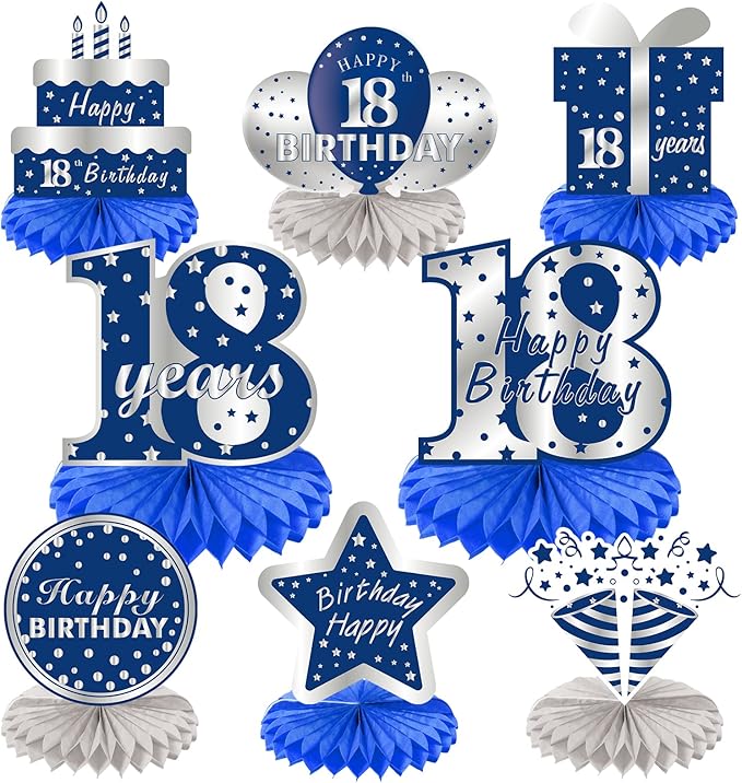 Kauayurk 8Pcs 18th Birthday Decorations Table Centerpiece Party Supplies, Blue Silver Happy 18 Year Old Birthday Honeycomb Centerpieces, Eighteen Birthday Table Topper Decor