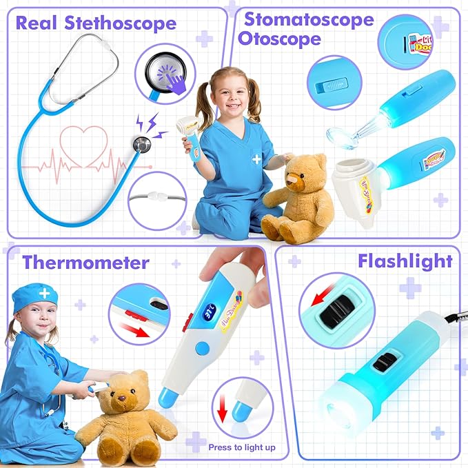 Kids Doctors Play Set, 15 Pcs Doctor Kit for Toddlers 3-5, Doctor Set with Real Stethoscope, Pretend Play Toys for Kids Boys and Girls, Halloween Christmas Birthday Gifts