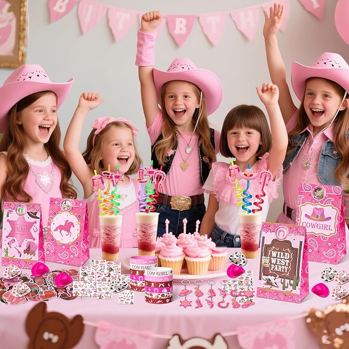 Winrayk 124Pcs Cowgirl Party Favors Hot Pink Birthday Supplies for Girls, Gift Bags Straws Silicone Wristband Mini Hat Keychain Tattoo Sticker, Hot Pink Rodeo Horse Disco Cowgirl Party Favors Supplies