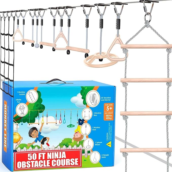 Hyponix Ninja Warrior Obstacle Course for Kids – 2 x 50 ft Slackline with 10 Outdoor Ninja Obstacles, Supports 880lbs – Monkey Net, Ratchet-Tight Tech, Climbing, Swinging & Balance Training, Ages 3+