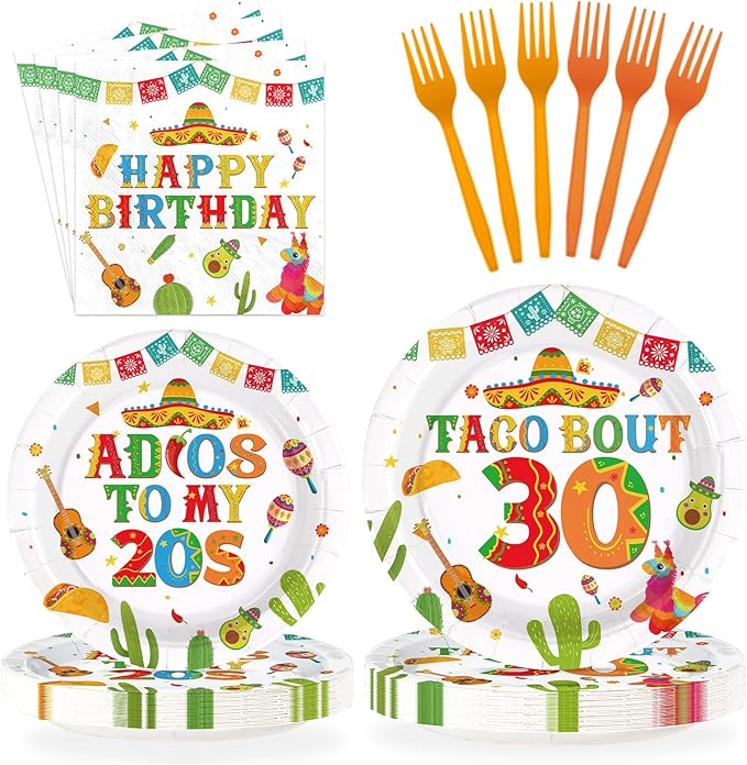96Pcs Taco 30th Birthday Party Supplies Mexican Fiesta Adios To My 20s Plates and Napkins Disposable Mexican Tableware Sets for Adults Cinco De Mayo 30 Years Old Birthday Decorations,Serves 24