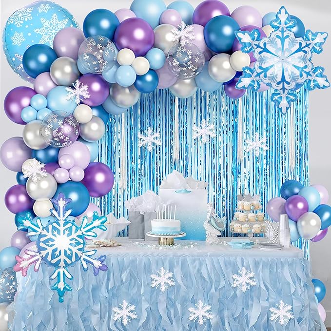 167Pcs Frozenn Balloons Arch Garland Kit, Froozen Birthday Party Decorations Supplies Fringe Curtain Blue Purple Snowflake Balloon for Winter Wonderland Princess Girl Decor