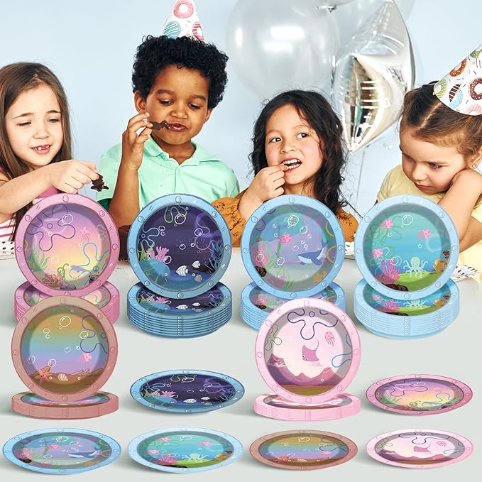 48 Pcs Ocean Cartoon Party Paper Plates Yellow Cartoon Party Supplies Sea Animal Theme Disposable Dinner Plates Under the Sea Dinnerware for Summer Birthday Baby Shower Decoration