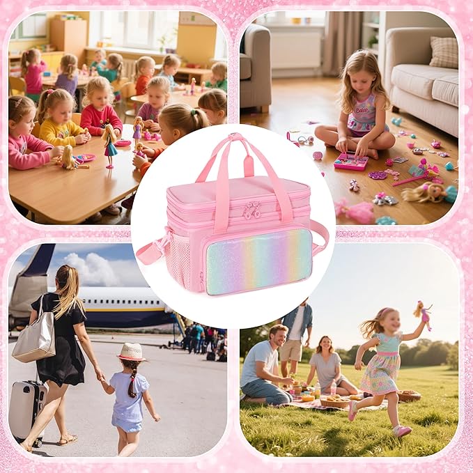 Carrying Case Compatible with Barbie Doll Clothes, Doll Accessories Storage Organizer, Double Layer Design, with Handle and Detachable Shoulder Strap, Case only (Pink)