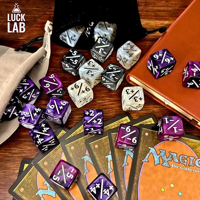 Luck Lab MTG Magic Life Counter Dice, 48 PCS - Compatible w/Magic Card Game Accessories, CCG Creature Stats w/ 2 Dice Bags (Purple Pearl, Purple Swirl, White Pearl, Black Pearl)