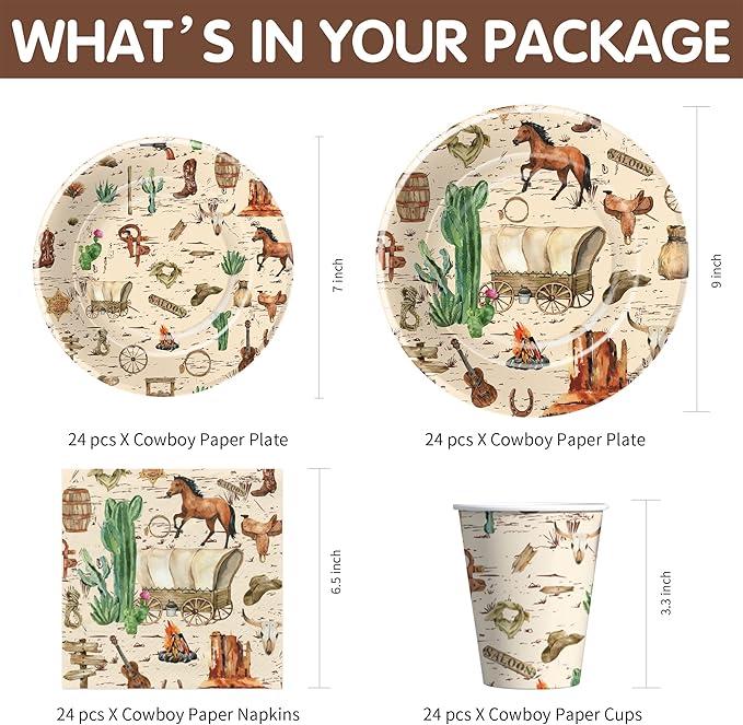 Western Cowboy Party Decorations Tableware For Birthday & Baby Shower - Wild West Party Supplies, Plate, Cup, Napkin, Tablecloth, Cutlery, Straw, Rodeo Party Decorations Dinnerware | Serve 24