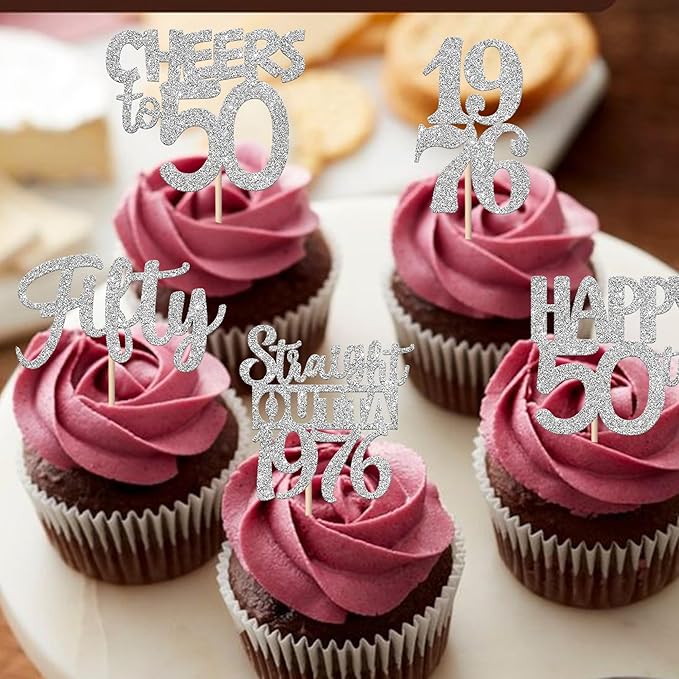 30PCS 50th Birthday Cupcake Toppers Glitter Fifty Happy 50 Straight Outta 1976 Cupcake Picks for Cheers to 50 Years 50th Birthday Wedding Anniversary Party Cake Decorations Supplies Silver