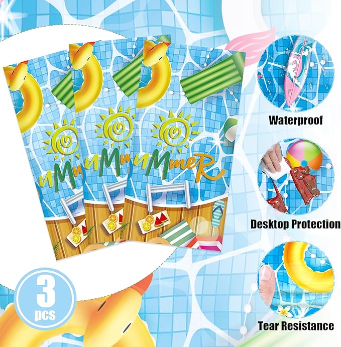 3 Pieces Pool Party Plastic Tablecloths, 54 * 108 Inch Summer Beach Table Covers, Hawaiian Beach Theme Table Cloth for Pool Party Decorations