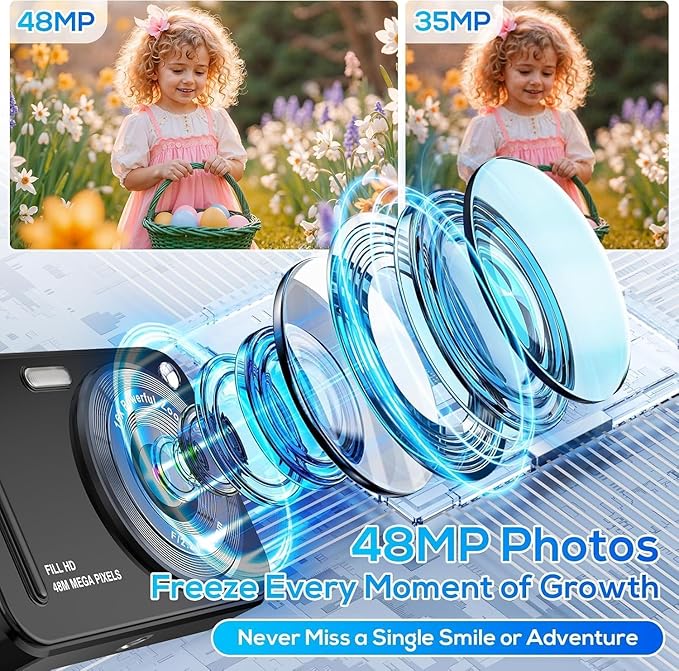 Digital Camera for Kids, 48MP FHD 1080P Point and Shoot Digital Cameras with 16X Zoom Anti-Shake, Compact Portable Cameras for Photography, for Boys Girls Teens Beginners-Glossy Black