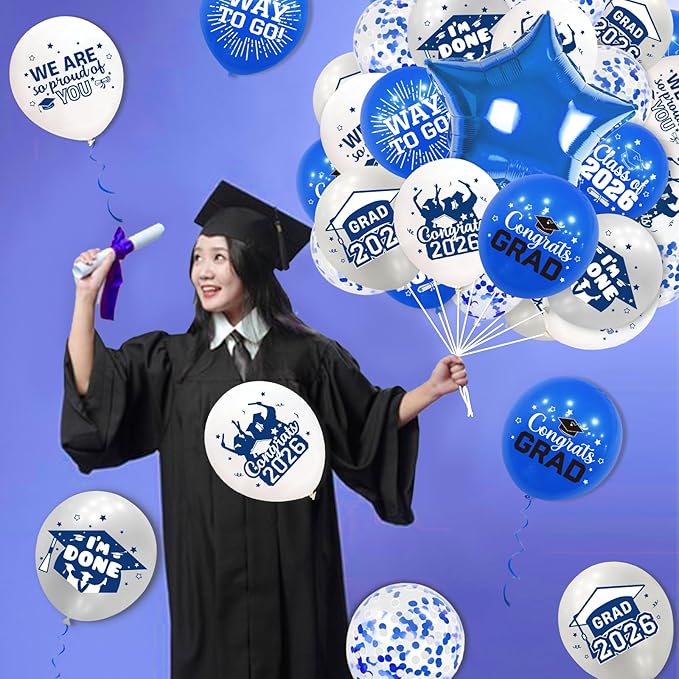 Graduation Balloons Class of 2026: 69Pcs Blue Sliver Balloons for College High School Class of 2026 Graduation Party Decorations -12 Inch