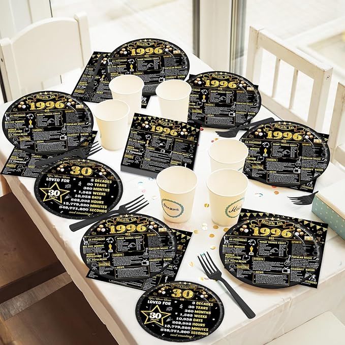 96Pcs 30th Birthday Plates and Napkins Back in 1996 Party Decorations Black Gold 30 Year Old Party Dessert Plates 1996 Birthday Tableware for 24 Guests 30th Theme Men Woman Bday Parties Supplies