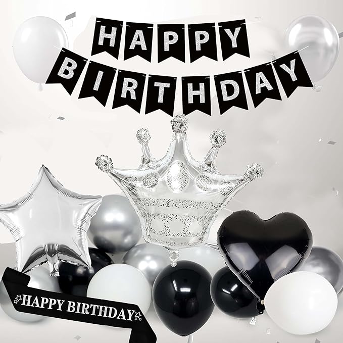 Black Silver Birthday Decorations for Men,Fringe Curtains Happy Birthday Banner,Red balloons,Cake Toppers for Boys