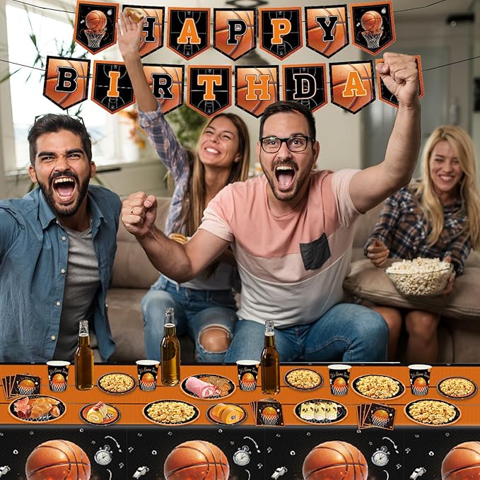 Basketball Party Decorations 98Pcs Basketball Birthday Party Decorations Suppiles Set Include Dinner Plates, Dessert Plates, Napkins, Cups, Banner and Tablecloth Basketball Theme Party Favors Kit