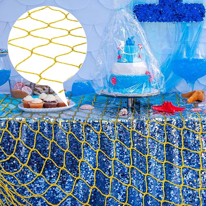 Shappy 2 Pcs Fish Net Decorative 80 x 40 Inch, Wall Hanging Fishnet for Mermaid, Pirate, Nautical, Under the Sea Party Decoration Ocean Themed Hawaii Beach Birthday Halloween Party Supplies(Yellow)