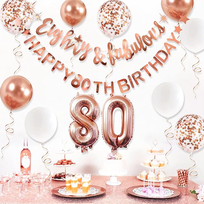 Rose Gold Eighty & Fabulous Happy 80th Birthday Banner Garland Foil Balloon 80 for Womens 80th Birthday Decorations Hanging 80 and Fabulous Cheers to 80 Years Old Birthday Party Supplies Backdrop
