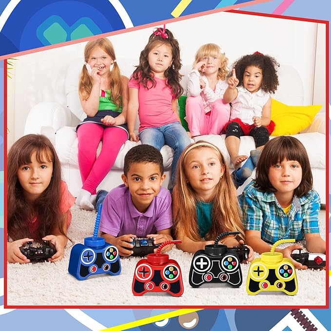 Mifoci 24 Pcs Plastic Video Game Party Cups with Straw and Lid 10oz Gamer Birthday Themed Drink Cups 7th Video Game Party Favors for Kids Toddlers Gamer Birthday Supplies (Classic Color)