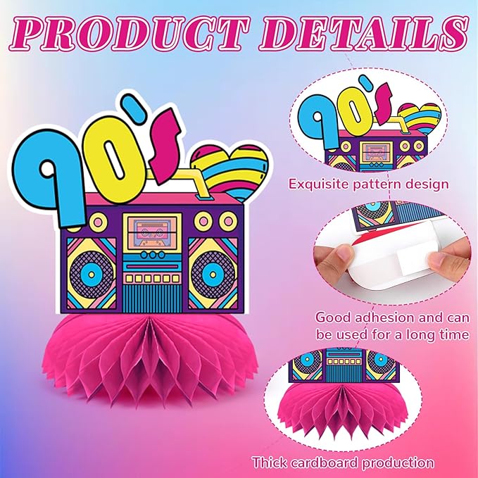 10 Pcs 90s Party Decorations, 90s Retro Honeycomb Centerpieces Back to 90s Party Table Centerpieces 1990s Vintage Birthday Party Favors Supplies 90s Themed Party Decorations