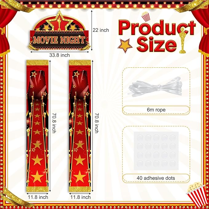 Namalu 3 Pcs Movie Night Door Decorations Red Carpet Runner Porch Sign Movie Star Party Decorations for Home Film Photo Props Theater Birthday Theme Backdrop Party Supplies