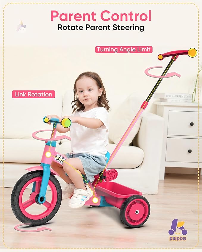 KRIDDO 3-in-1 Toddler Tricycle for Kids 18 Months to 3 Years, Tricycle for 2 Years with Parent Steering, Extra Wide Seat, Large Basket, Easy-to-Carry Seat, Gift for Boys and Girls Age 2-3, Pink