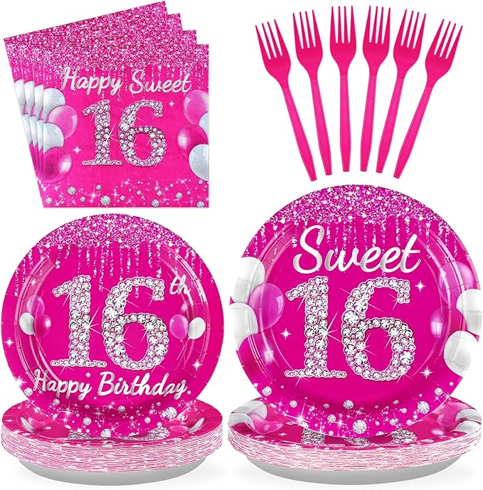 96Pcs 16th Birthday Party Supplies 350 GSM Hot Pink Sweet 16 Plates and Napkins Tableware Sets Sixteenth Birthday Decorations for Girls Happy 16 Years Old Party Favors, Serves 24