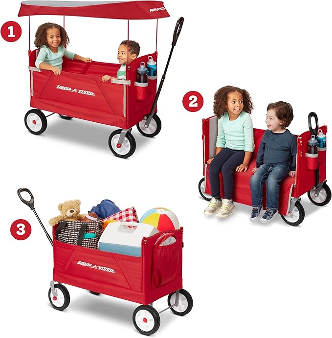 Radio Flyer 3-in-1 Off-Road EZ Fold Wagon with Canopy, for Kids 1.5+, 3-in-1 Push or Pull, with Bench Mode, One Hand Flat Fold, Off-Road Tires, DuraClean Fabric, Seat Belts, Stroller Wagon for Kids