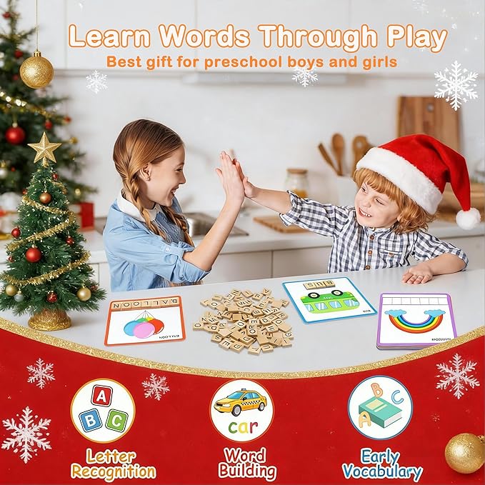 Spelling Games, Sight Word Games for Kids 3-8, 30 Double-Sided Alphabet Flash Cards, 100 Wooden Letters, Preschool Learning Activities Toys, Montessori Educational Toys Gifts for Kids