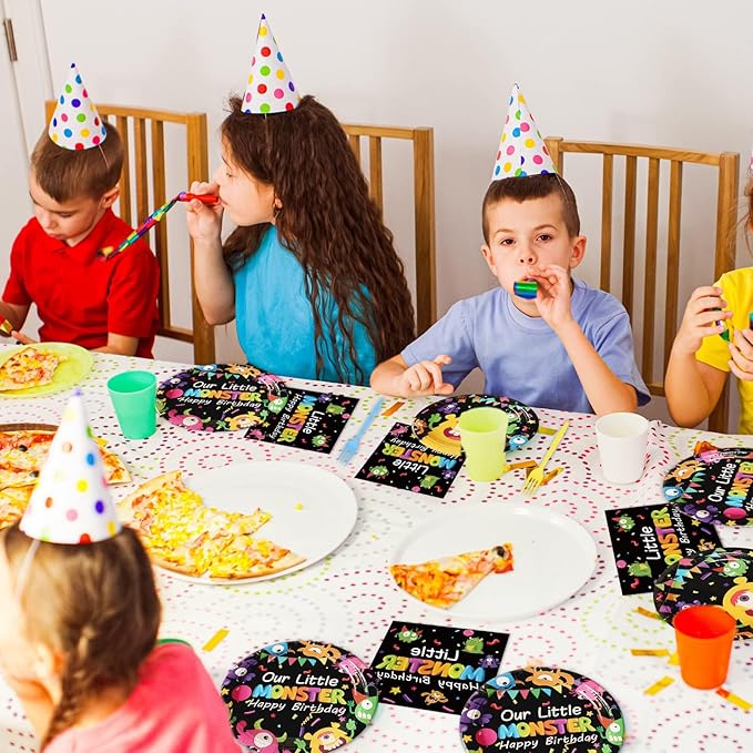 Monster Plates and Napkins Party Supplies Kit - 96 Pcs Tableware Set for Boy or Girl Birthday, Baby Shower - Serves 24