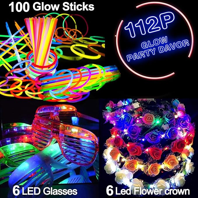 112 Pcs Glow in The Dark Party Supplies Glow Sticks Bulk LED Neon Party Favor Light Up Toys Gifts Kids Adult 100 Glow Sticks Necklaces Bracelets/6 Light Up Glasses/6 Led Headbands Easter Basket