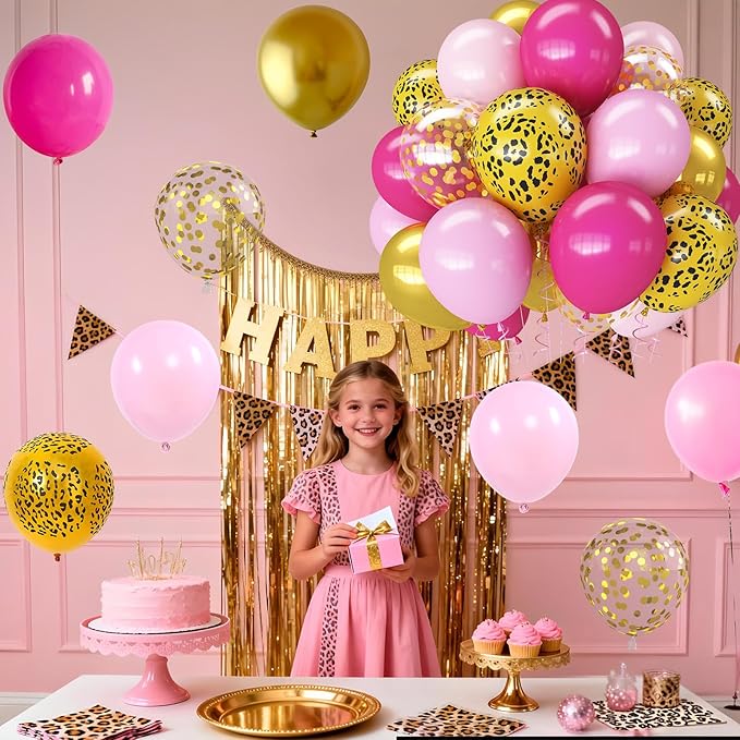 Hot Pink Cheetah Balloons, 60Pcs 12Inch Light Pink Metallic Gold & Leopard Print Balloons with Confetti Latex Balloon for Girl Women Birthday Bachelorette Baby Shower Safari Animal Theme Party Decor