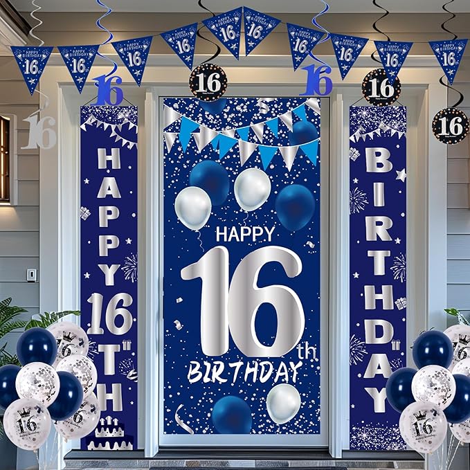 16th Birthday Decorations for Boys Girls, Navy Blue Happy 16th Birthday Door Banner Sign, 16 Years Old Party Supplies Teenagers Bday Backdrop Balloons Hanging Decors