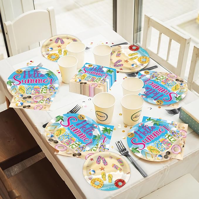 CHUNNIN 96Pcs Hello Summer Plates and Napkins Beach Party Decorations Hawaiian Tropical Disposable Paper Dessert Plates Tableware Set for 24 Guests Kids Summery Ocean Pool Birthday Party Supplies