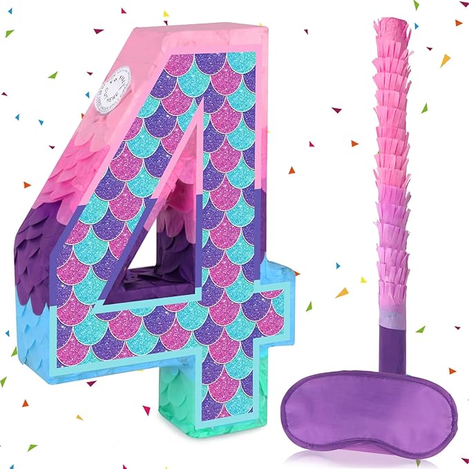Mermaid Number 4 Pinata with Stick Blindfold for Girl 4th Birthday Party Decoration Colorful Paper Flaver Anniversary Celebration for Children's Ocean Mermaid Theme Carnival Event Decoration