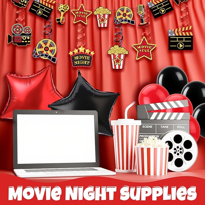 Movie Night Decorations Kit Now Showing Banner Hanging Swirls Popcorn Camera Clapboard Balloons for Movie Themed Birthday Party Supplies Film Backdrop