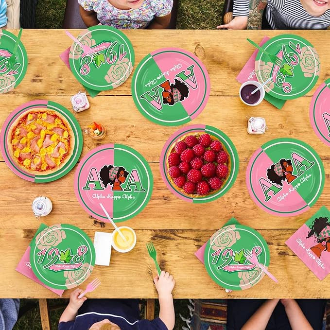 Grencian 96Pcs AKA Party Supplies AKA Plates and Napkins Disposable Hip Hop Style 1908 Pink Green Paper Tableware Set for Women Girls Sorority Birthday Party Decorations, Serves 24