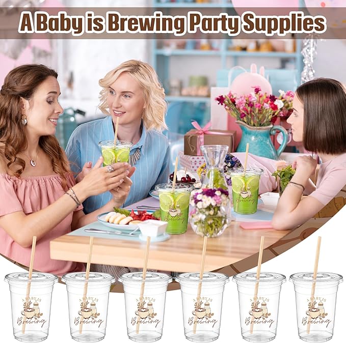 50 Pcs A Baby Is Brewing Plastic Cups Coffee Theme Tumblers Bulk Brown Brewing Baby Shower Party Decorations Disposable Cups for Coffee Theme Gender Reveal Party Supplies
